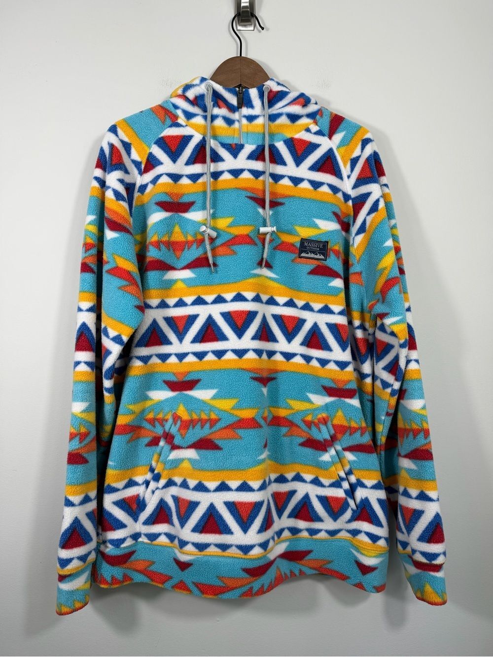 Massive Outdoor Aztec Southwestern Fleece Hoodie Pullover Turquoise Large